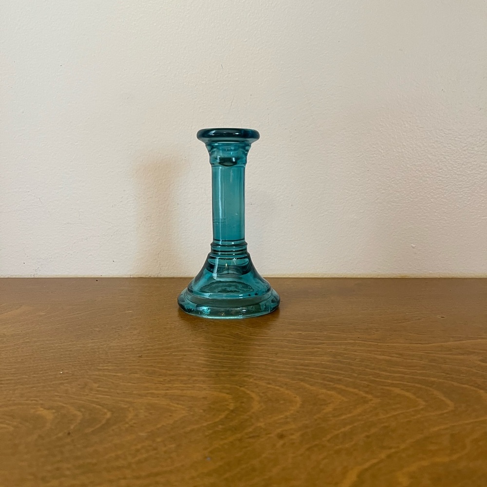 Single teal glass candle holder